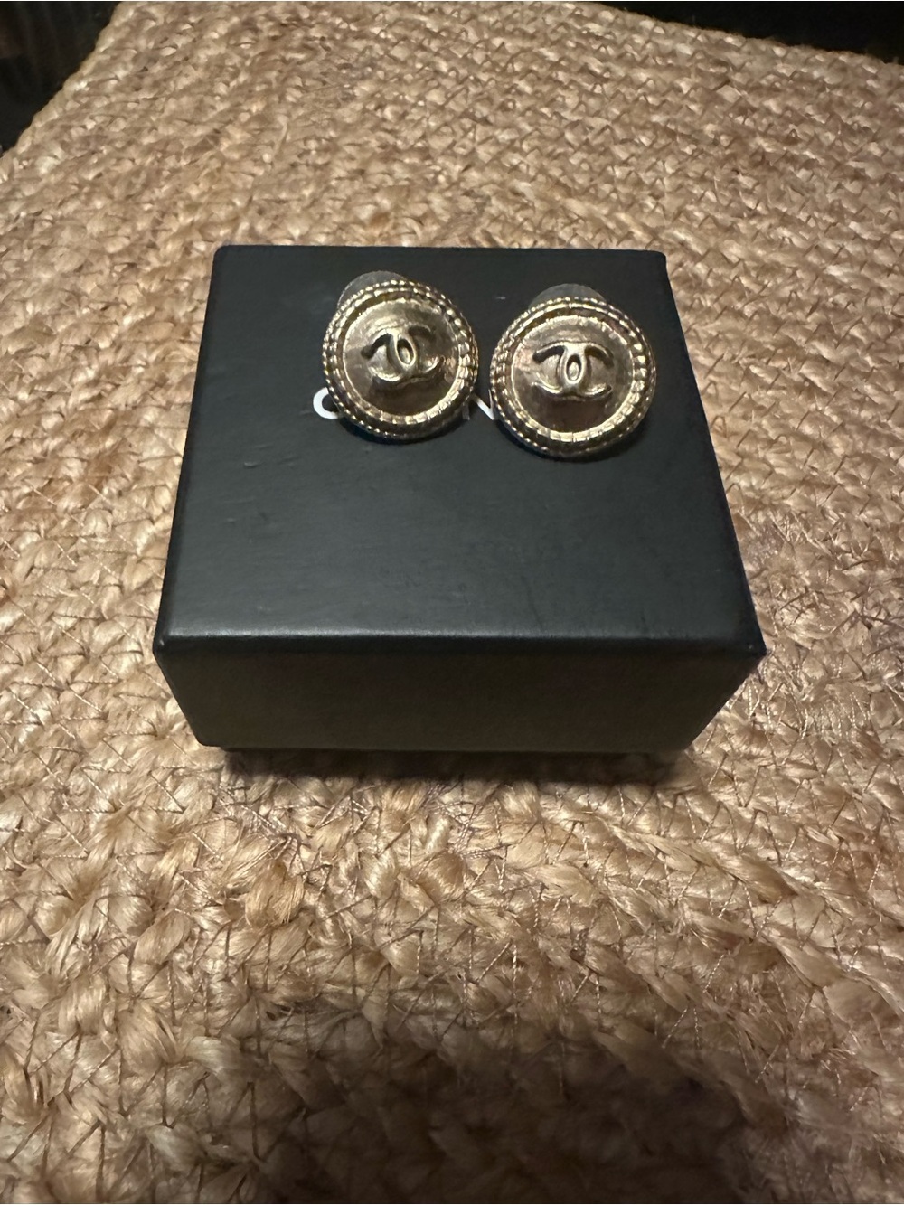 CHANEL Gold Tone CC Logo Stud Earrings 2cm w/ Box Authentic